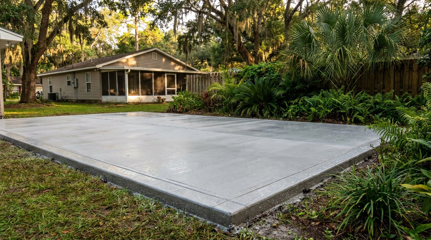 Completed concrete patio in Gautier Mississippi Gulf Coast Jackson County live oaks bayou drainage humidity Carlos