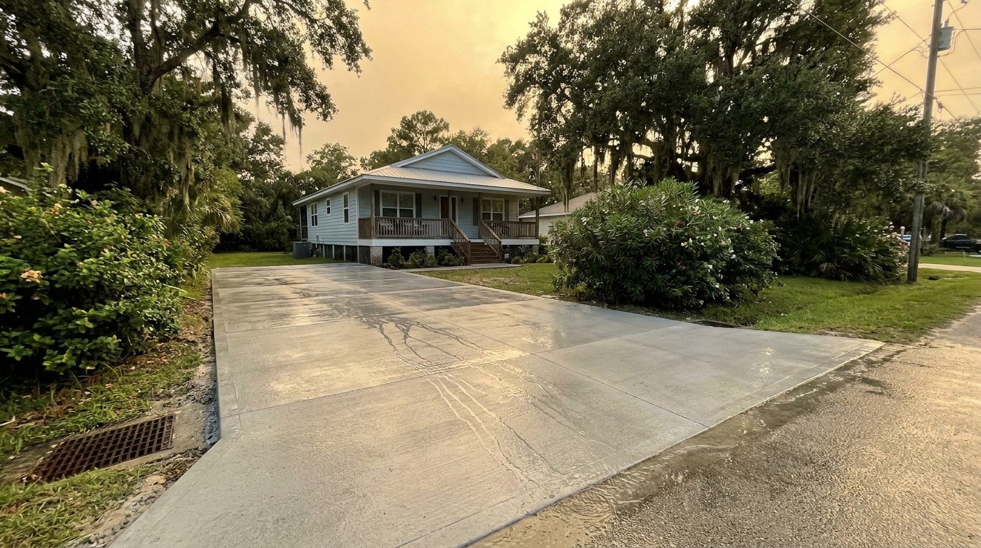 Concrete driveway installation in Gautier Mississippi Jackson County Gulf Coast drainage bayou residential