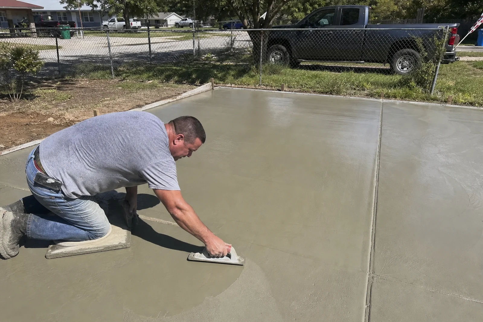 Gautier Mississippi concrete contractor hand-troweling a fresh driveway pour in harsh midday sun