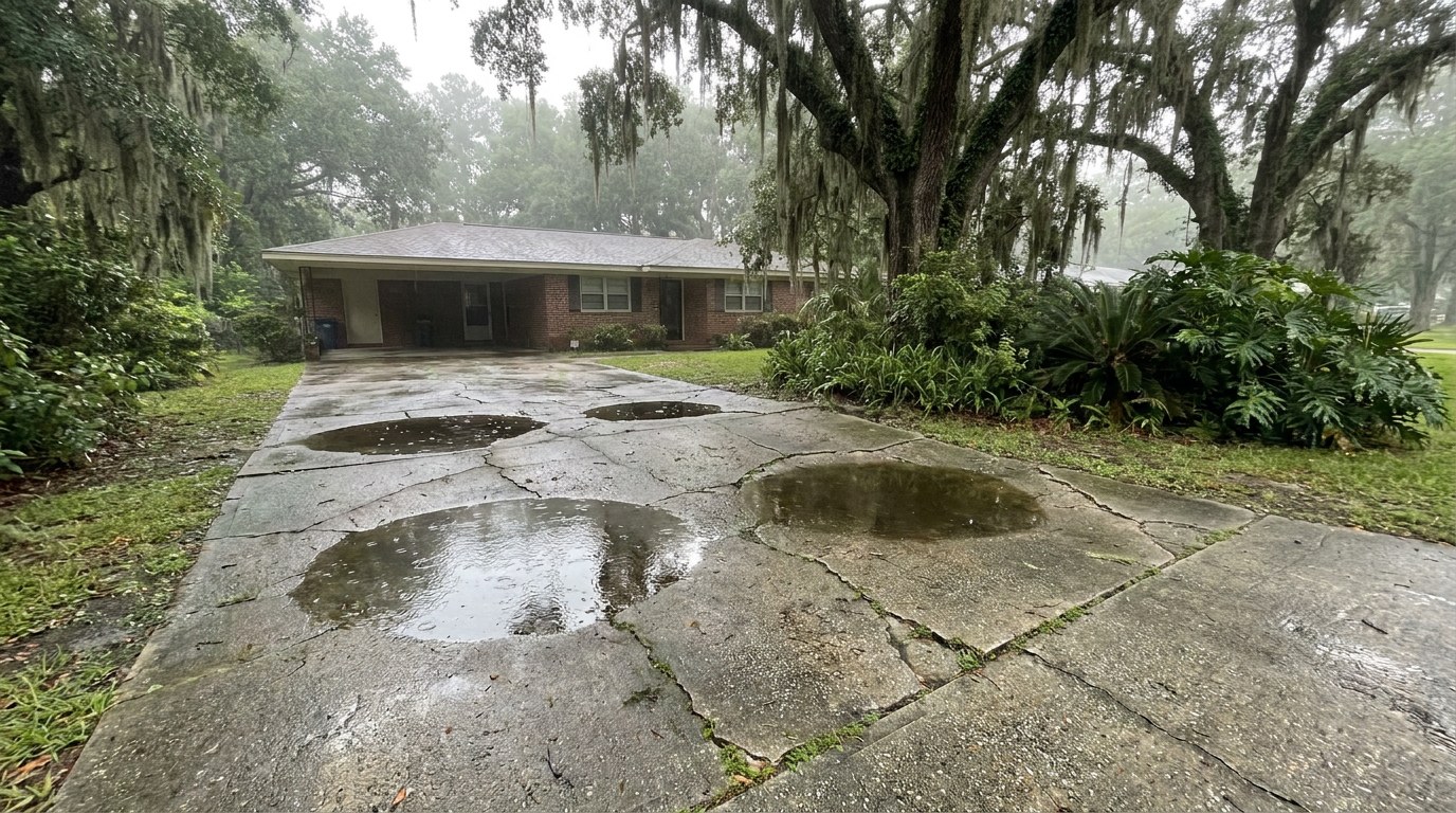 Standing water drainage problem on a residential driveway in Gautier Mississippi Jackson County Gulf Coast bayou soil concrete failure